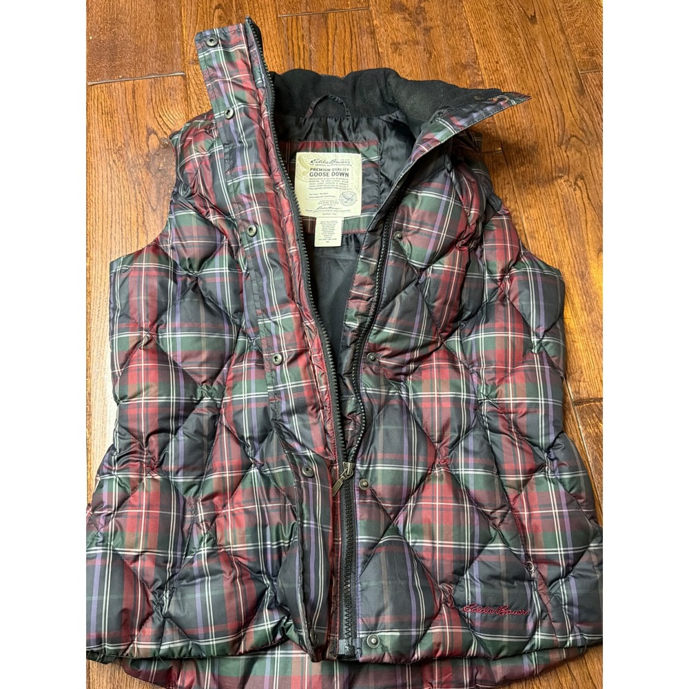 Eddie Bauer Womens Plaid Goose Down Puffer Vest Red Green Diamond Quilt Medium